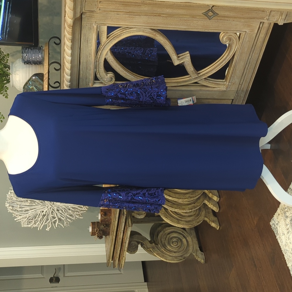 NWT Women's Size 16 Party/Celebration Dress Blue Color and Sequin Bell Sleeve